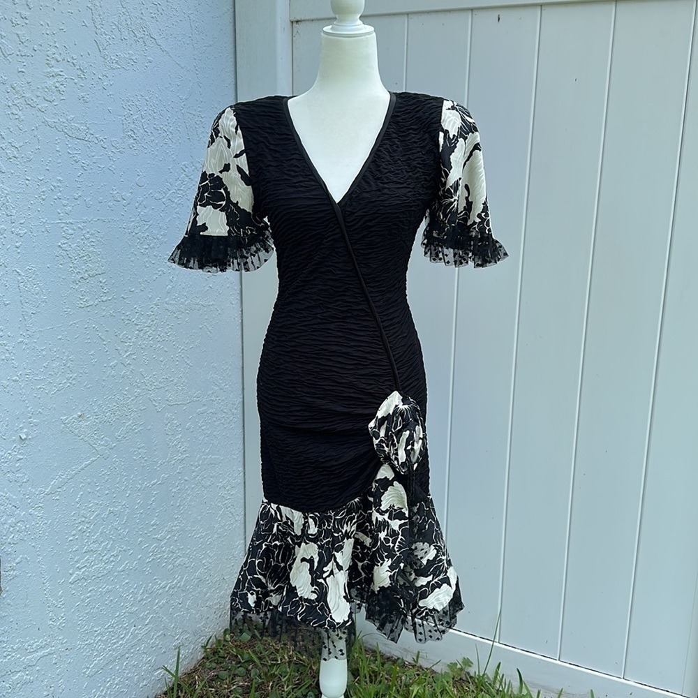 Lorrie Kabala Attitudes Dress 80s Party Dress Black‎ Deep V Neck Ruffles Mermaid